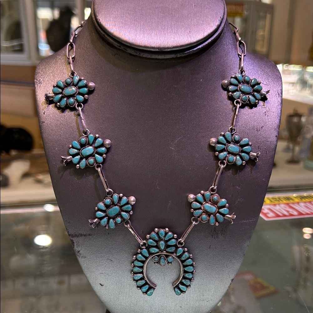 Squash Blossom turquoise, sterling silver necklace